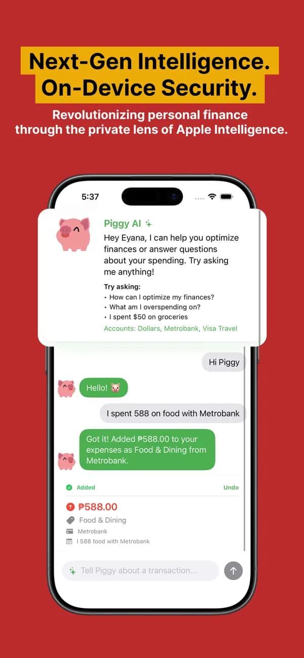 Piggy Money Manager demonstrating its private AI finance assistant